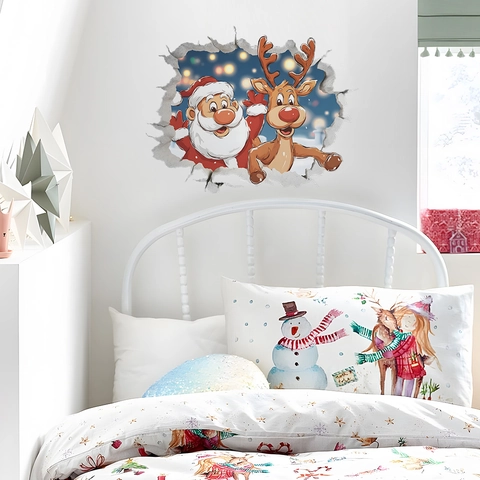 3D Weihnachten Weihnachtsmann Rentier Gebrochene Wand Aufkleber Abnehmbare PVC Deko Wandtattoo Für Schlafzimmer Wohnzimmer