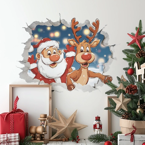 3D Weihnachten Weihnachtsmann Rentier Gebrochene Wand Aufkleber Abnehmbare PVC Deko Wandtattoo Für Schlafzimmer Wohnzimmer