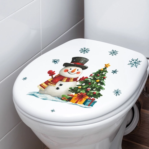 Calcomanía para Tapa de Inodoro de Muñeco de Nieve y Árbol de Navidad PVC Impermeable Adhesivo de Pared para Baño Hogar Decoración