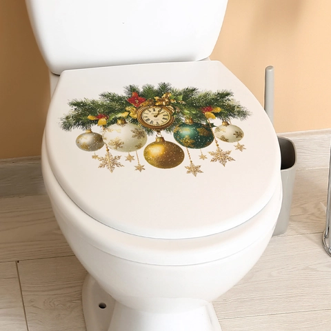 Pegatina de Inodoro Reloj de Navidad Vintage Agujas de Pino PVC Autoadhesiva Calcomanía de Pared para Decoración del Hogar
