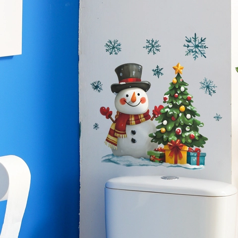 Calcomanía para Tapa de Inodoro de Muñeco de Nieve y Árbol de Navidad PVC Impermeable Adhesivo de Pared para Baño Hogar Decoración