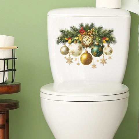 Pegatina de Inodoro Reloj de Navidad Vintage Agujas de Pino PVC Autoadhesiva Calcomanía de Pared para Decoración del Hogar