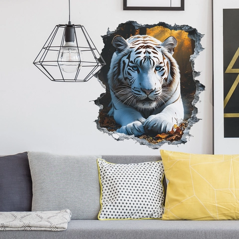 3D Realistic White Tiger Broken Wall Sticker PVC Removable Self-Adhesive Mural For Children Bedroom Living Room Home Decor