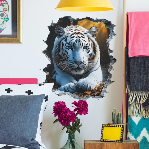 3D Realistic White Tiger Broken Wall Sticker PVC Removable Self-Adhesive Mural For Children Bedroom Living Room Home Decor