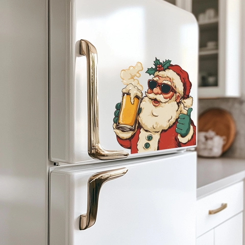 Christmas Wall Sticker Santa Claus With Beer And Sunglasses Thumbs Up Removable PVC Decal For Home Kitchen Fridge Decor