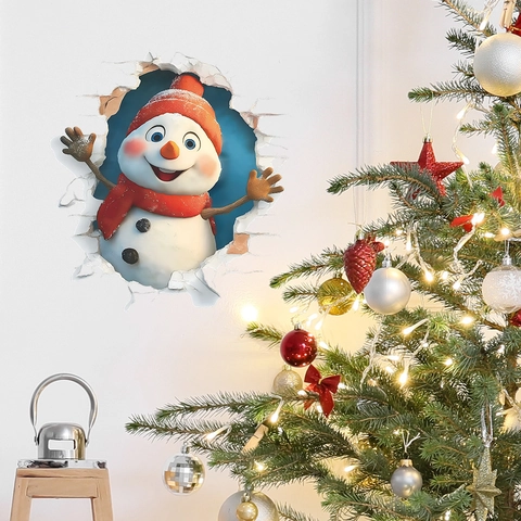 3D Funny Christmas Snowman Toilet Lid Sticker Creative Hole Effect PVC Removable Wall Decal For Bathroom Holiday Decor