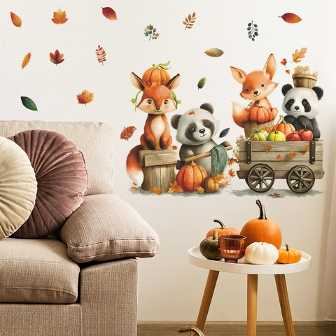 Stickers Muraux Automne Dessin Animé Renard Panda Citrouille PVC Amovibles Auto-adhésifs pour Chambre d'Enfant Décor