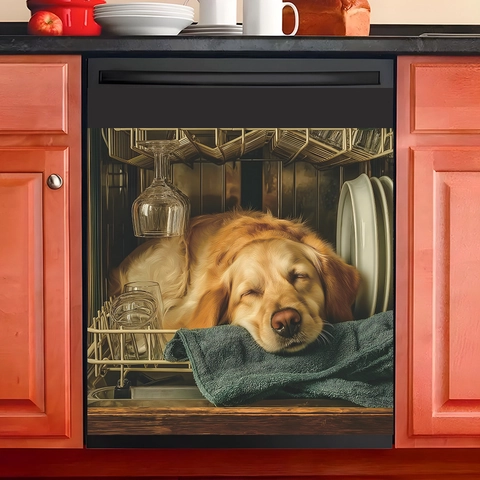 Creative Sleeping Golden Retriever Dog Dishwasher Sticker 3D Visual Kitchen Appliance Decorative Waterproof PVC Adhesive Wall Decal
