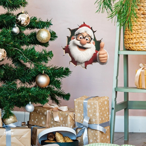 3D Visual Christmas Santa Claus Thumbs Up Wall Sticker Broken Wall Design Waterproof PVC Self Adhesive Festive Home Decor Decal