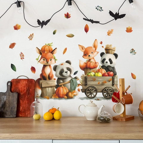 Stickers Muraux Automne Dessin Animé Renard Panda Citrouille PVC Amovibles Auto-adhésifs pour Chambre d'Enfant Décor