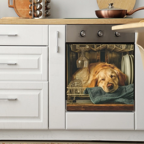 Creative Sleeping Golden Retriever Dog Dishwasher Sticker 3D Visual Kitchen Appliance Decorative Waterproof PVC Adhesive Wall Decal