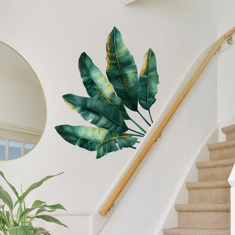 Tropisches Grünes Blatt Wandtattoo Monstera Bananenblätter Goldene Tinte Muster Abnehmbares PVC Selbstklebend Heimdekor Wandbild