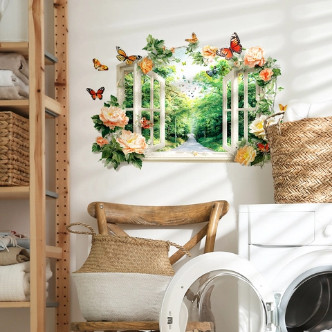 Adesivo da Parete 3D Falsa Finestra Paesaggio Foresta Fiore Farfalla PVC Autoadesivo Rimovibile per Camera da Letto Soggiorno Decorazione Casa
