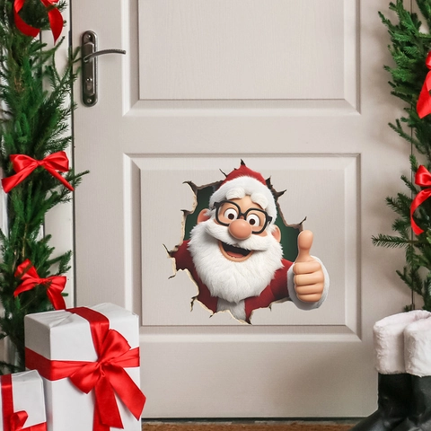 3D Visual Christmas Santa Claus Thumbs Up Wall Sticker Broken Wall Design Waterproof PVC Self Adhesive Festive Home Decor Decal
