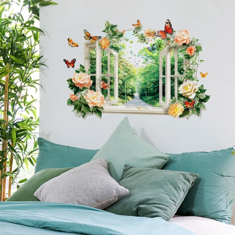 Adesivo da Parete 3D Falsa Finestra Paesaggio Foresta Fiore Farfalla PVC Autoadesivo Rimovibile per Camera da Letto Soggiorno Decorazione Casa
