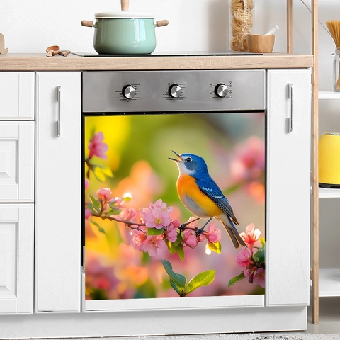 Floral Bird Kitchen Appliance Decoration Sticker PVC Self Adhesive Wall Decal For Dishwasher Fridge Home Natural Style