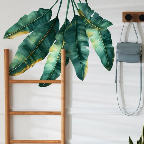 Tropisches Grünes Blatt Wandtattoo Monstera Bananenblätter Goldene Tinte Muster Abnehmbares PVC Selbstklebend Heimdekor Wandbild