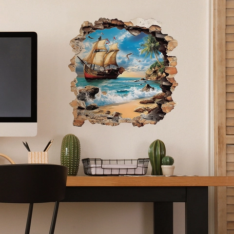 Adhesivo de Pared 3D Pared Rota Velero Playa PVC Autoadhesivo Vista al Mar Náutica Paisaje Calcomanía para Sala de Estar Dormitorio Oficina Hogar Decoración