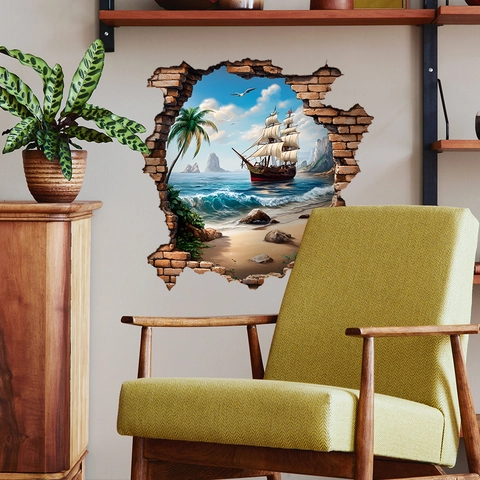 Adhesivo de Pared 3D Pared Rota Velero Playa PVC Autoadhesivo Vista al Mar Náutica Paisaje Calcomanía para Sala de Estar Dormitorio Oficina Hogar Decoración