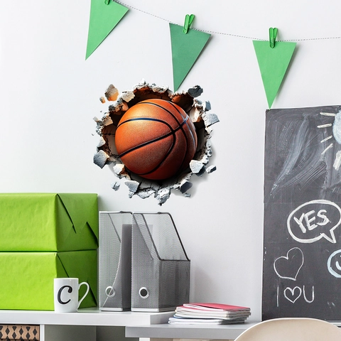 3D Basketball Breaking Wall Sticker Creative Sports Wall Decal Removable PVC Self Adhesive Mural For Kids Room Bedroom Home Decor