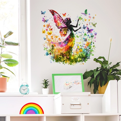 Vlinder Fee Muursticker Aquarel Bloemen Fee Silhouette Verwijderbare PVC Sticker Voor Slaapkamer Slaapzaal Home Decor