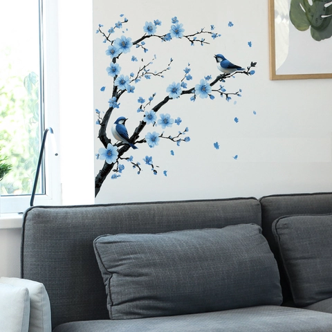 Adesivo da Parete Moderno con Fiori di Ciliegio Blu e Uccelli in PVC Removibile Autoadesivo per Camera da Letto Soggiorno Casa