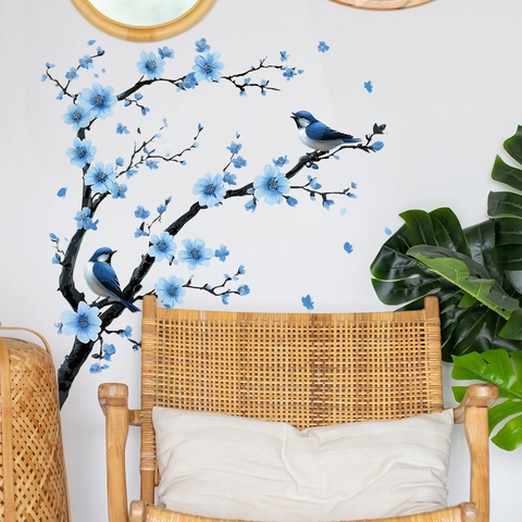 Adesivo da Parete Moderno con Fiori di Ciliegio Blu e Uccelli in PVC Removibile Autoadesivo per Camera da Letto Soggiorno Casa