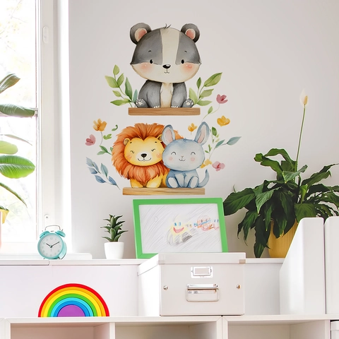 Aquarell Cartoon Tiere Wandaufkleber Für Kinderzimmer Abnehmbare PVC Löwe Hase Bär Haus Dekor Wandtattoos