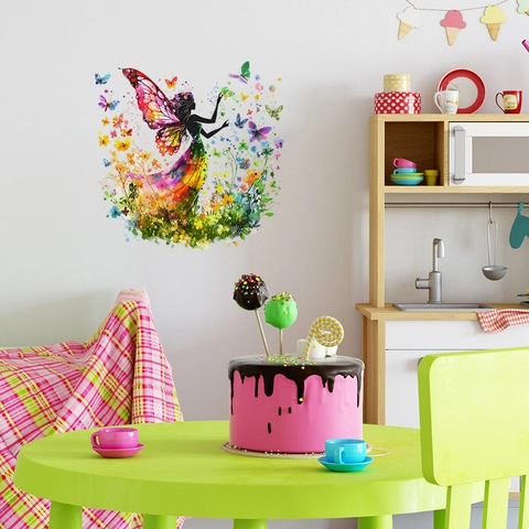 Vlinder Fee Muursticker Aquarel Bloemen Fee Silhouette Verwijderbare PVC Sticker Voor Slaapkamer Slaapzaal Home Decor