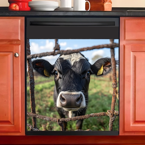 Realistic Cow Behind Wire Fence Kitchen Sticker Waterproof PVC Dishwasher Decal Wall Art Fridge Home Decor Accessory