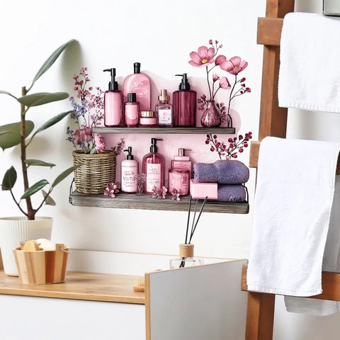 Pegatina de Pared de Estante de Flores de Suministros de Baño de Simulación Calcomanía de PVC Autoadhesiva para Decoración del Hogar y Baño