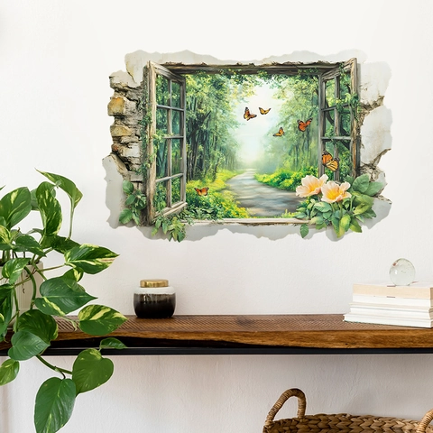 3D Window View Forest Green Plant Wall Sticker Self Adhesive PVC Cracked Wall Effect Nature Landscape Decal For Home Decor
