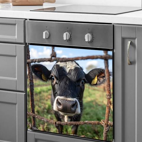 Realistic Cow Behind Wire Fence Kitchen Sticker Waterproof PVC Dishwasher Decal Wall Art Fridge Home Decor Accessory