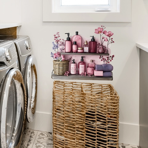 Pegatina de Pared de Estante de Flores de Suministros de Baño de Simulación Calcomanía de PVC Autoadhesiva para Decoración del Hogar y Baño