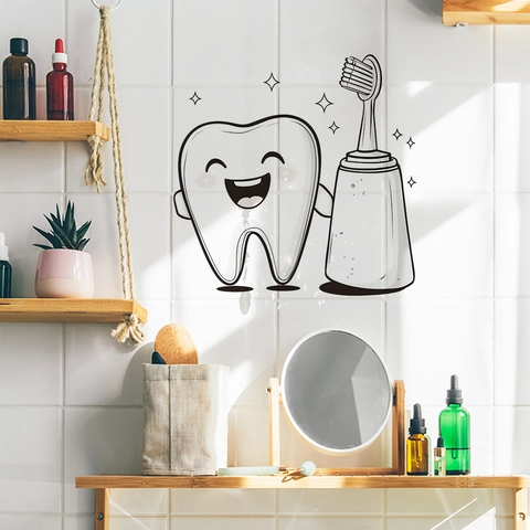 Adesivo da Parete Cartoon Dente e Spazzolino da Denti PVC Impermeabile Autoadesivo Decorazione per Bagno Camera da Letto