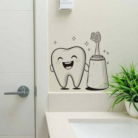 Adesivo da Parete Cartoon Dente e Spazzolino da Denti PVC Impermeabile Autoadesivo Decorazione per Bagno Camera da Letto