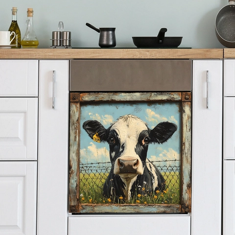 Adesivo per Lavastoviglie da Cucina Con Mucca Stile Fattoria Design Cornice Finto Legno PVC Impermeabile Adesivo Murale Decorativo