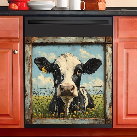 Adesivo per Lavastoviglie da Cucina Con Mucca Stile Fattoria Design Cornice Finto Legno PVC Impermeabile Adesivo Murale Decorativo