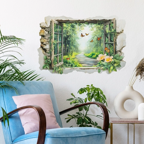 3D Window View Forest Green Plant Wall Sticker Self Adhesive PVC Cracked Wall Effect Nature Landscape Decal For Home Decor