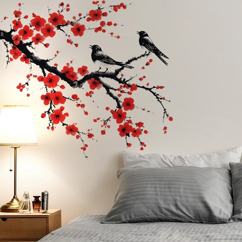 Chinesischer Stil Rote Pflaumenblüte Vogel Wandaufkleber Abnehmbare PVC Tuschemalerei Wandtattoo Wohnzimmer Schlafzimmer Deko