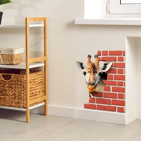 3D Realistische Giraffe Door De Muur Muursticker Creatieve Afneembare PVC Muurschildering Voor Slaapkamer Kinderkamer Woonkamer