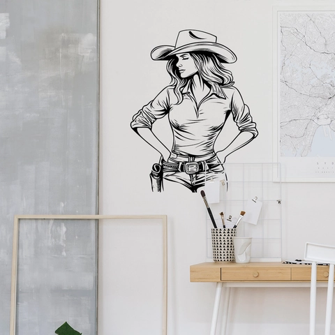 Western Cowboy Girl Line Art Wall Sticker Minimalist Black PVC Self-Adhesive Woman Portrait Decal For Bedroom Home Decor