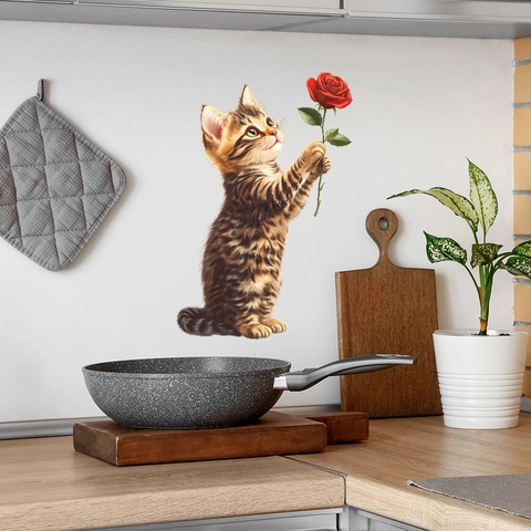 3D Creative Tabby Cat Holding Red Rose Wall Sticker Waterproof PVC Removable Decal For Bedroom Living Room Home Decor Mural