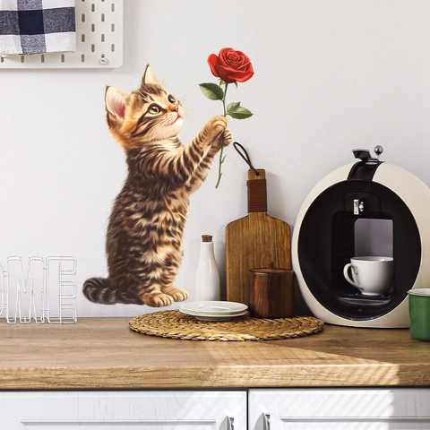 3D Creative Tabby Cat Holding Red Rose Wall Sticker Waterproof PVC Removable Decal For Bedroom Living Room Home Decor Mural