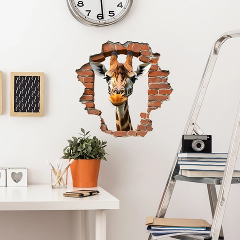 Pegatina De Pared Jirafa 3D Efecto Pared Rota PVC Creativa Autoadhesiva Mural De Animales Para Dormitorio Niños