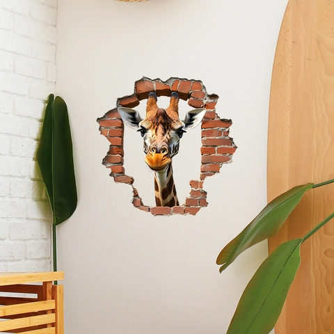 Pegatina De Pared Jirafa 3D Efecto Pared Rota PVC Creativa Autoadhesiva Mural De Animales Para Dormitorio Niños