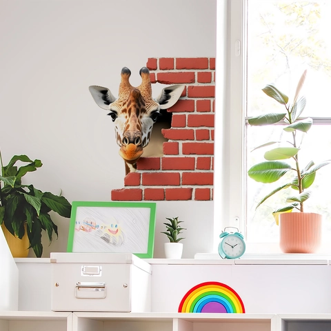 3D Realistische Giraffe Door De Muur Muursticker Creatieve Afneembare PVC Muurschildering Voor Slaapkamer Kinderkamer Woonkamer