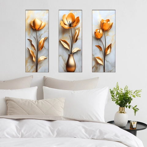 3D Gold Tulip Flower Triptych Wall Sticker Marble Texture Self Adhesive PVC Decal For Living Room Bedroom Home Wall Decor