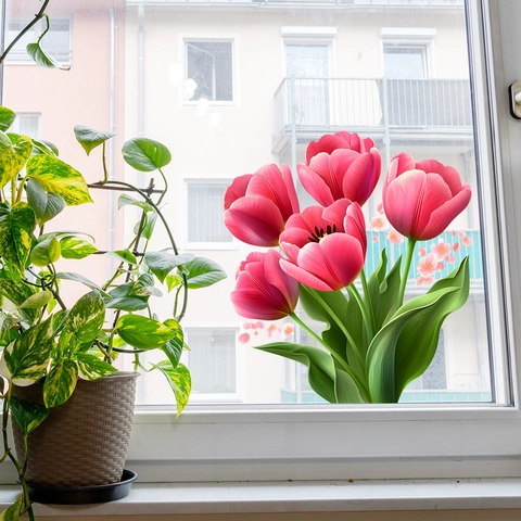 Rosa Tulpe Blume Wandaufkleber Abnehmbar PVC Selbstklebend Fenster Glas Aufkleber Für Wohnzimmer Schlafzimmer Home Dekor