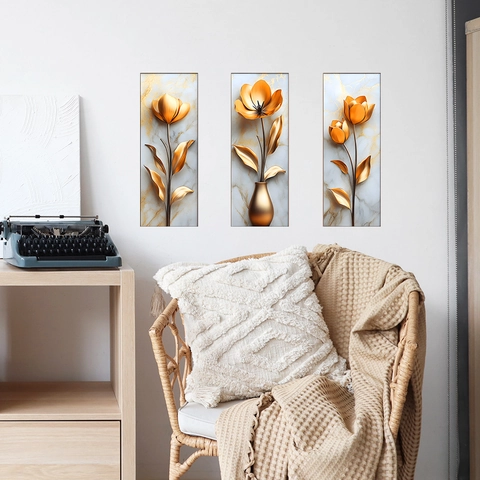 3D Gold Tulip Flower Triptych Wall Sticker Marble Texture Self Adhesive PVC Decal For Living Room Bedroom Home Wall Decor